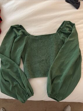 Listicle Green Smocked Square-Neck Crop Top with Balloon Sleeves
